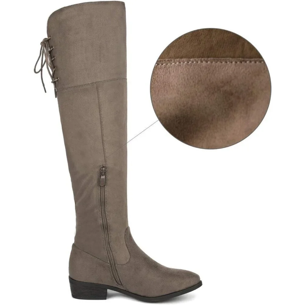 Women Khaki Textile Over The Knee High Low Block Heel Pointed Toe Riding Boot